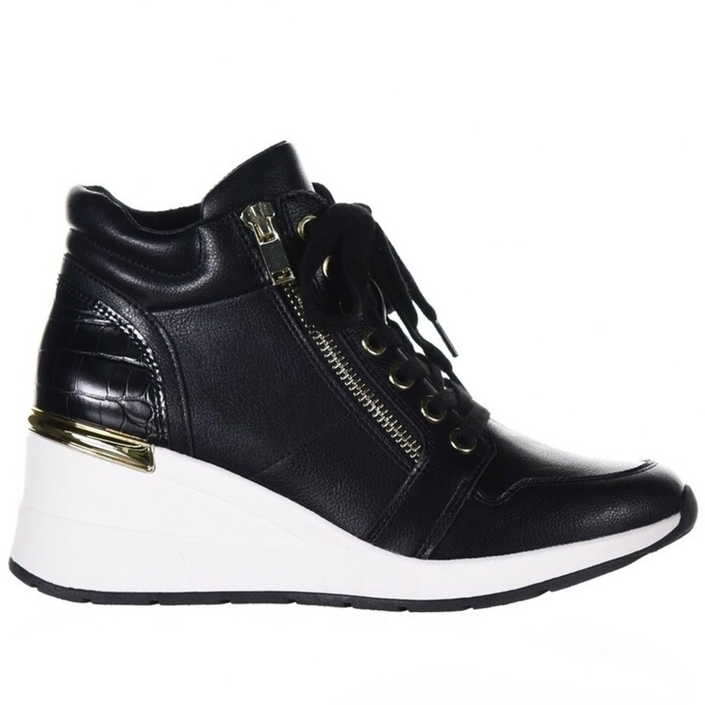 Aldo Lopez Croc Embossed Black White Wedge Sneakers Gold Accents 8 Streetwear